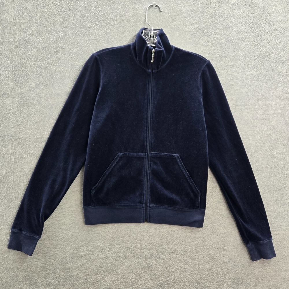 Y2K Juicy Couture Women Sweatshirt Large Blue Velour Cropped Hoodie Mock Neck